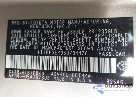 2011 Toyota Camry Le from USA, damaged, VIN 4T1BF3EK9BU701176